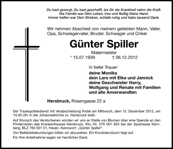 Traueranzeige von Günter Spiller von Hersbrucker Zeitung